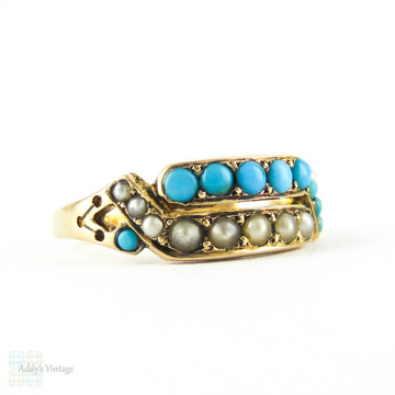 Antique Turquoise Paste & Seed Pearl Double Row Ring, 15ct Gold Victorian Bypass Design Circa 1870s.