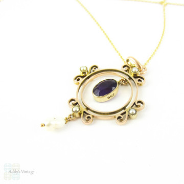 Edwardian 9ct Amethyst & Seed Pearl Pendant. Circular Pendant with Articulated Gemstones in Scalloped Frame, Circa 1900.