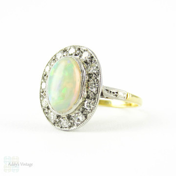 Vintage Opal & Diamond Ring, Oval Cut Opal Cabochon with Diamond Halo. Cocktail Ring in 18ct & Plat.