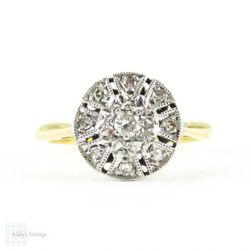 Diamond Cluster Engagement Ring, Mid Century Circlular Diamond Ring by Ronette. 18ct Plat, Circa 1940s.