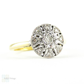 Diamond Cluster Engagement Ring, Mid Century Circlular Diamond Ring by Ronette. 18ct Plat, Circa 1940s.