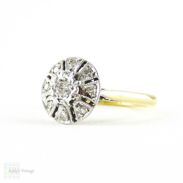 Diamond Cluster Engagement Ring, Mid Century Circlular Diamond Ring by Ronette. 18ct Plat, Circa 1940s.