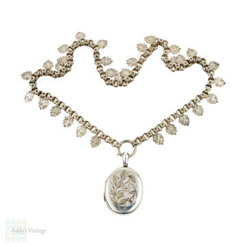 Victorian Sterling Silver Necklace & Locket, Antique Oak Leaf Chain with Large Morning Glory.