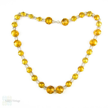 Antique French Citrine Paste Necklace, Large Yellow & Orange Faceted Paste in Open Back 800 - 900 Silver Setting. Circa 1900, 46 cm / 18 inches.