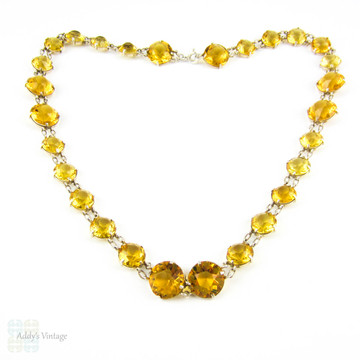 Antique French Citrine Paste Necklace, Large Yellow & Orange Faceted Paste in Open Back 800 - 900 Silver Setting. Circa 1900, 46 cm / 18 inches.