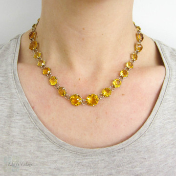 Antique French Citrine Paste Necklace, Large Yellow & Orange Faceted Paste in Open Back 800 - 900 Silver Setting. Circa 1900, 46 cm / 18 inches.