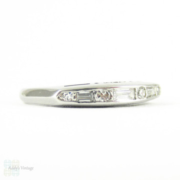 Vintage Baguette & Round Diamond Wedding Ring, Platinum Channel Set Alternating Design Art Deco Wedding Band, Circa 1930s.