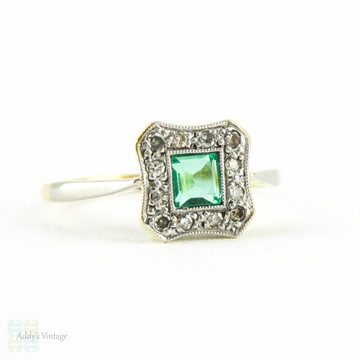 Antique Emerald and Diamond Ring, Edwardian Era Square Cut Emerald with Diamond Halo. 18ct & PLAT, Circa 1900.