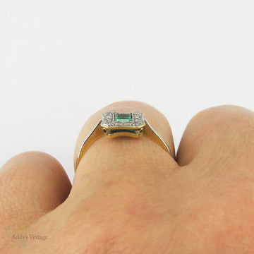 Antique Emerald and Diamond Ring, Edwardian Era Square Cut Emerald with Diamond Halo. 18ct & PLAT, Circa 1900.