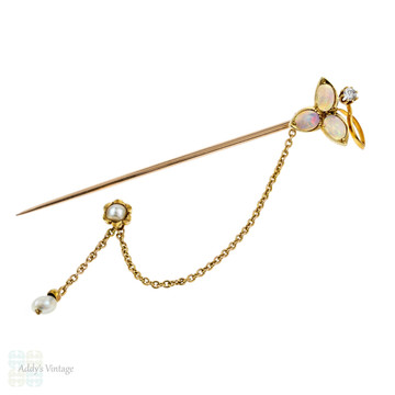 Art Nouveau Opal 15k Stick Pin, Flower Design Pearl & Diamond 15ct Gold Brooch.