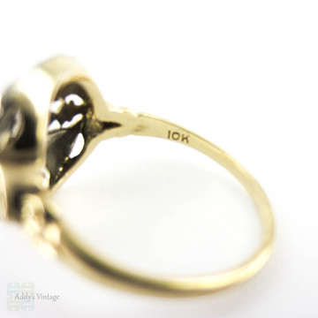 Vintage Filigree Diamond Ring, Old Mine Cut Diamond Set in Flower & Heart Pierced Ring. Two Tone 10K White & Yellow, Circa 1940s.