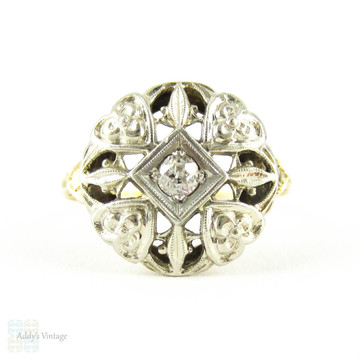Vintage Filigree Diamond Ring, Old Mine Cut Diamond Set in Flower & Heart Pierced Ring. Two Tone 10K White & Yellow, Circa 1940s.