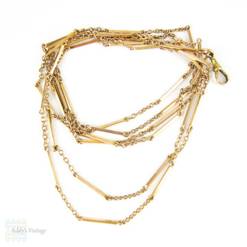 Antique Long Gold Filled Guard Chain, Alternating Bar Link & Trace Chain Style Necklace with Dog Clip. 140 cm / 55 inches long.