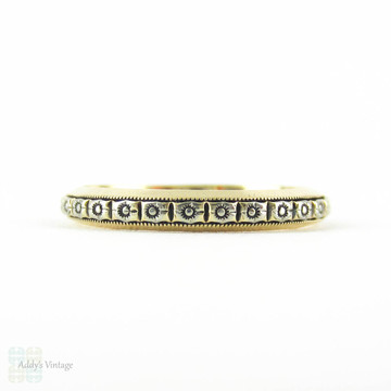 Engraved Art Deco Wedding Ring, Flower Design 14k Two Tone Vintage Wedding Band by White Rose. Cira 1930s, Size G / 3.5 - Rare Small Size.
