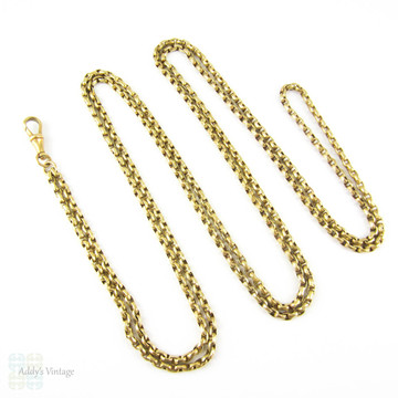 Antique Pinchbeck Long Guard Chain, Heavy Faceted Link Muff Chain Necklace with Dog Clip. 144 cm / 56.7 inches.