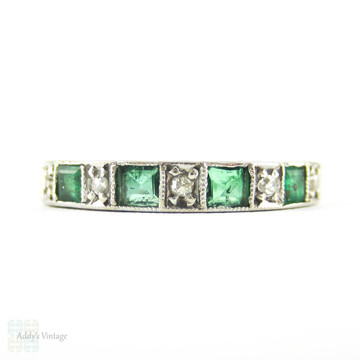 Emerald & Diamond Half Hoop Engraved Ring, Alternating Square Emeralds & Single Cut Diamonds. 18ct White Gold, Circa 1970s.