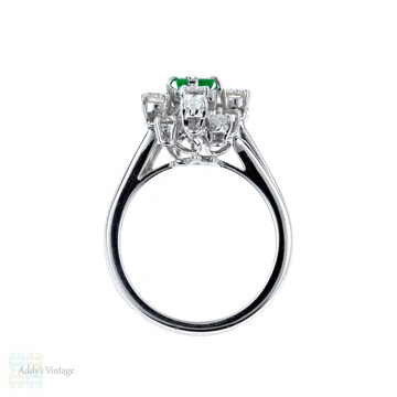 French Emerald & Diamond Cocktail Ring, Vintage 18ct 18k White Gold Mid Century Dress Ring.