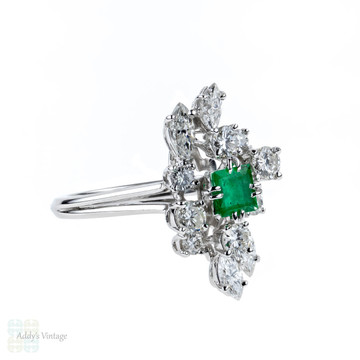 French Emerald & Diamond Cocktail Ring, Vintage 18ct 18k White Gold Mid Century Dress Ring.