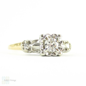 Vintage Diamond Engagement Ring, 1940s Two Tone 14K Gold Diamond, 0.24 ctw Illusion Set Mid 20th Century Ring.