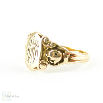 Art Deco Signet Ring by Ostby Barton, 10k Yellow Gold "RMW" Ladies Signet Ring with Engraved Flowers Circa 1920s.