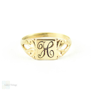 Antique Baby Signet Ring by Ostby Barton, 10k Yellow Gold "H" Childs Signet Ring Circa 1900s.