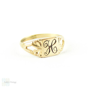 Antique Baby Signet Ring by Ostby Barton, 10k Yellow Gold "H" Childs Signet Ring Circa 1900s.