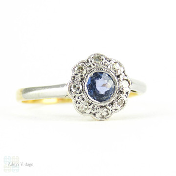 Antique Sapphire & Diamond Flower Ring, Vintage Daisy Shaped Cluster Ring. 18ct & Plat, Circa 1900.