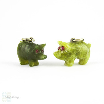 Antique Pig Charms, Pair of Green Jade & Irish Connemara Marble Lucky Pig Charms, Circa 1900.