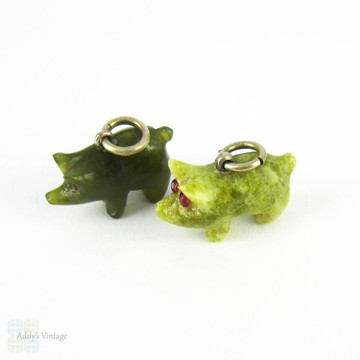 Antique Pig Charms, Pair of Green Jade & Irish Connemara Marble Lucky Pig Charms, Circa 1900.