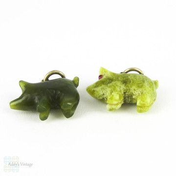 Antique Pig Charms, Pair of Green Jade & Irish Connemara Marble Lucky Pig Charms, Circa 1900.