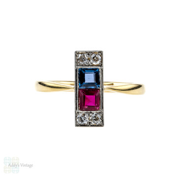 Art Deco Diamond Line Ring with Synthetic Sapphire & Ruby. Circa 1930s, 18ct & Platinum.