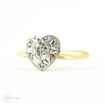 Heart Diamond Engagement Ring, Vintage Art Deco Love Heart Shaped Diamond Ring, 18ct Gold.