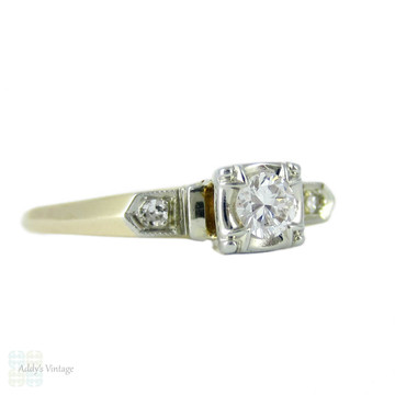 Vintage Diamond Engagement Ring, Mid Century Classic Two Tone 14K - 18K, 0.15ctw Diamond Ring.