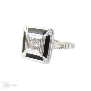 Old Mine Cut Diamond & Black Enamel Ring. Antique Diamond in 18k Engraved Square Setting, Circa 1920s.