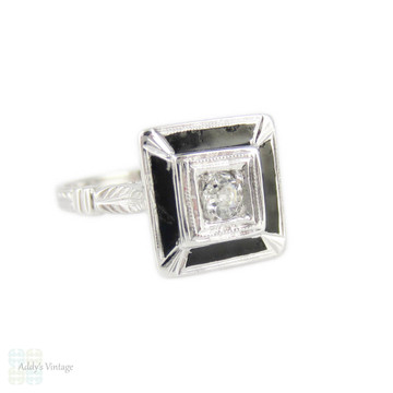 Old Mine Cut Diamond & Black Enamel Ring. Antique Diamond in 18k Engraved Square Setting, Circa 1920s.