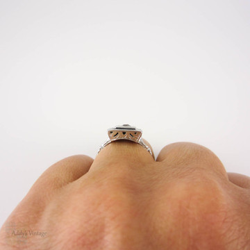 Old Mine Cut Diamond & Black Enamel Ring. Antique Diamond in 18k Engraved Square Setting, Circa 1920s.