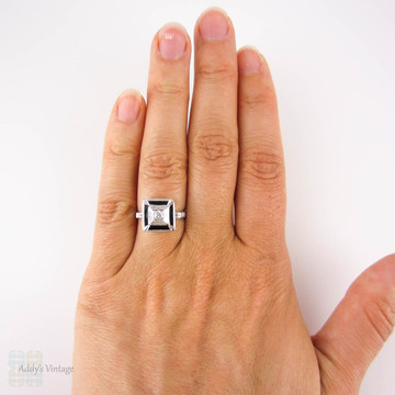 Old Mine Cut Diamond & Black Enamel Ring. Antique Diamond in 18k Engraved Square Setting, Circa 1920s.