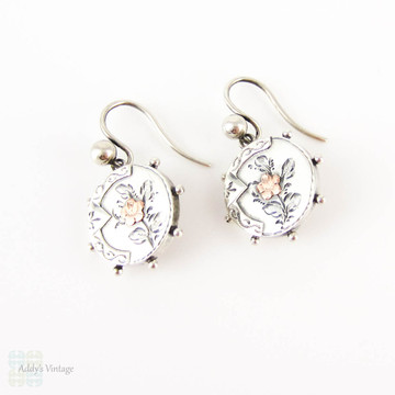 Victorian Sterling Silver & 9ct Earrings, Engraved Rose Flower Small Pierced Drop Earrings. Circa 1880s.