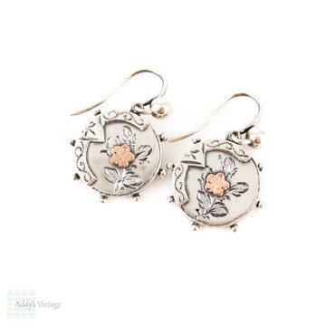 Victorian Sterling Silver & 9ct Earrings, Engraved Rose Flower Small Pierced Drop Earrings. Circa 1880s.