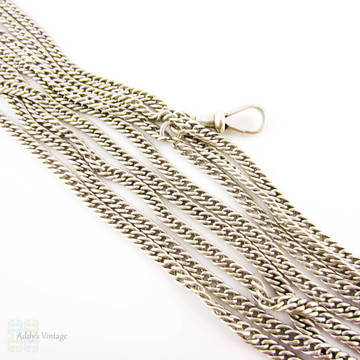 Antique Long Guard Chain Necklace, 800 900 Coin Silver Victorian Chain with Dog Clip. 148 cm / 58 inches, 51.8 grams.