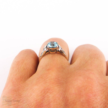 Blue Zircon Engagement Ring, Vivid Blue Zircon in Graduated White Zircon Setting. 9ct Rose Gold & Silver, Circa 1940s.