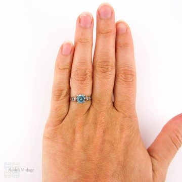 Blue Zircon Engagement Ring, Vivid Blue Zircon in Graduated White Zircon Setting. 9ct Rose Gold & Silver, Circa 1940s.