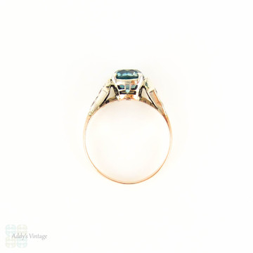 Blue Zircon Engagement Ring, Vivid Blue Zircon in Graduated White Zircon Setting. 9ct Rose Gold & Silver, Circa 1940s.