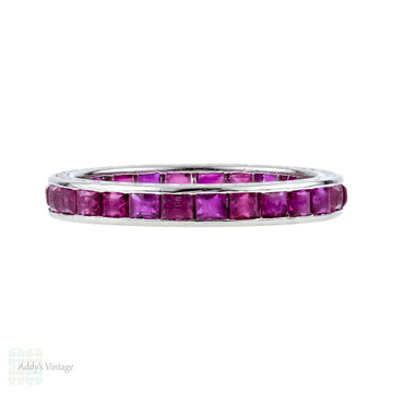 Vintage Synthetic Ruby Eternity Ring, Square Cut Lab Created Red Rubies Channel Set in Platinum. Size I.75 / 4.75.