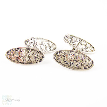 RESERVED. Victorian Sterling Silver Cuff Links, Men's Ivy Engraved Oval Shaped Double Face Cufflinks. Full English Hallmarks, 1890s.