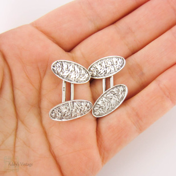 RESERVED. Victorian Sterling Silver Cuff Links, Men's Ivy Engraved Oval Shaped Double Face Cufflinks. Full English Hallmarks, 1890s.