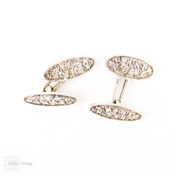 RESERVED. Victorian Sterling Silver Cuff Links, Men's Ivy Engraved Oval Shaped Double Face Cufflinks. Full English Hallmarks, 1890s.