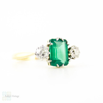 Emerald & Diamond Engagement Ring, Vintage Mossy Green Emerald with Old European Cut Sides. Circa 1920s, 18ct Mounting.