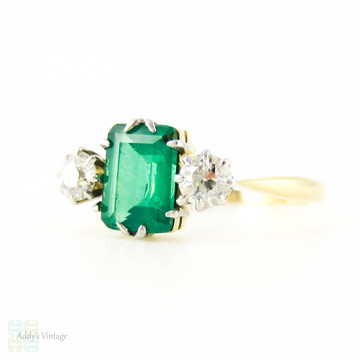 Emerald & Diamond Engagement Ring, Vintage Mossy Green Emerald with Old European Cut Sides. Circa 1920s, 18ct Mounting.
