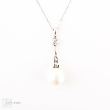 Antique Cultured Pearl & Old Mine Cut Diamond Pendant. Edwardian Tapered Drop, 18 ct White Gold.
